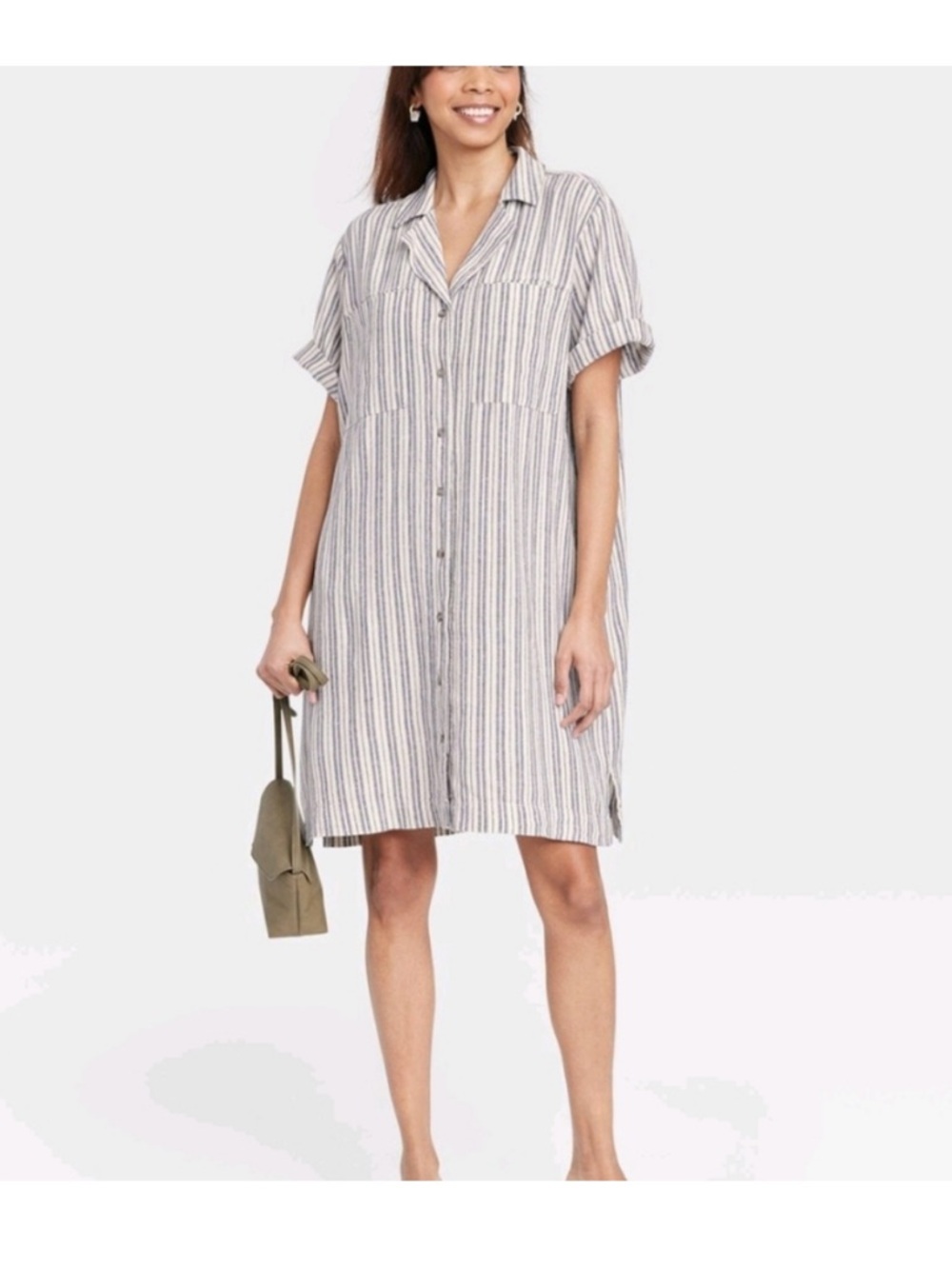Universal Thread Linen Blend Striped Button-Up Shirt Dress Navy & Cream